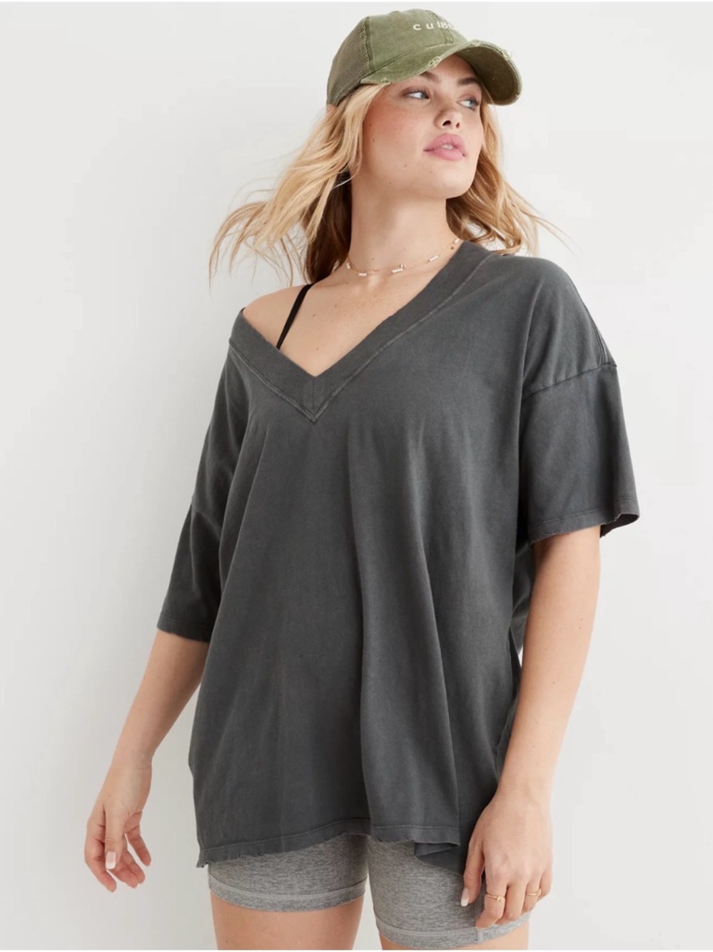aerie Extreme V-Neck Oversized Boyfriend T-Shirt Sz M Smoked Gray